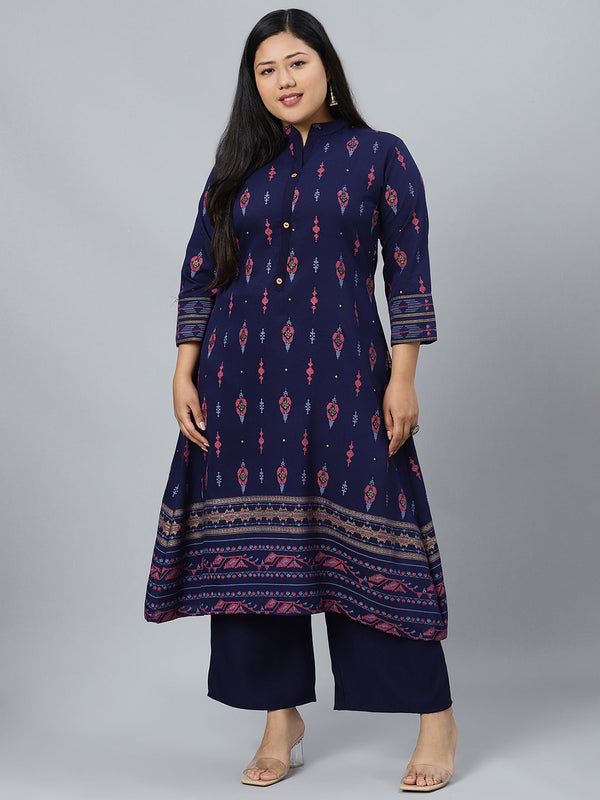 Women's Navy Blue Printed A-Line Kurta With Palazzo by Ziyaa- (2pcs set)