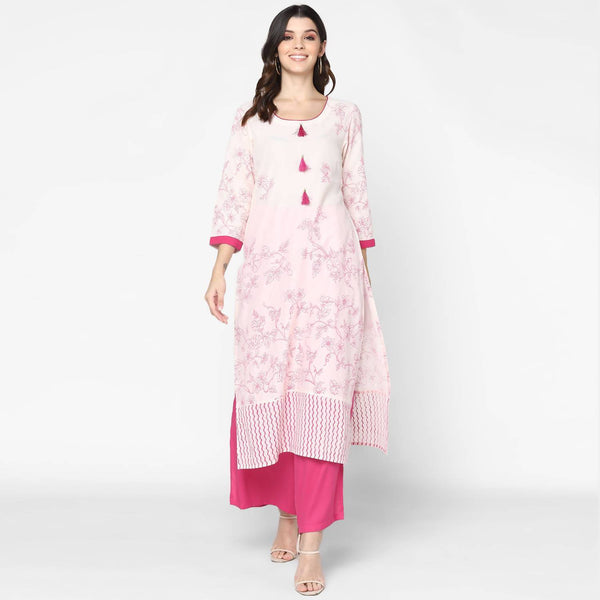 Women's Cream & Magenta Cotton Hand Block Print Straight Kurta With Palazzo Set - Cheera