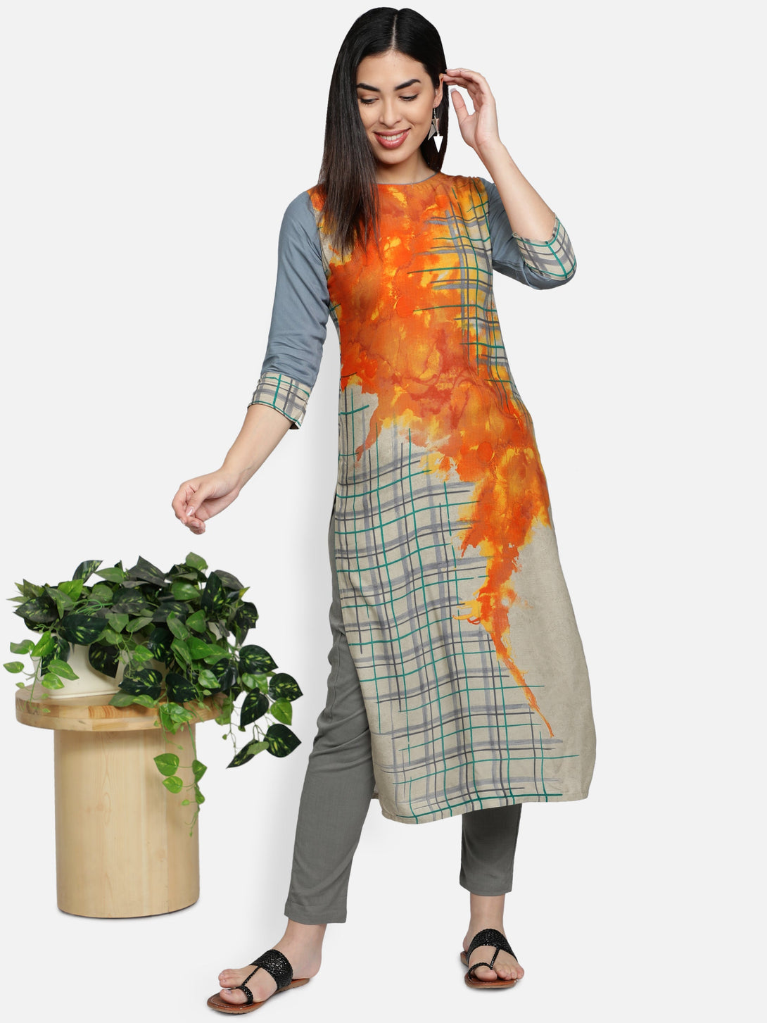 Women's Orange Color Rayon Blend Straight Printed Kurta - Vaaba