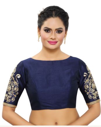 Women'S Poly Raw Silk Readymade Saree Blouse With Embroidered Sleeves - Madhu Fashion