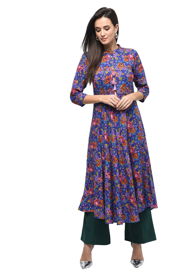 Women's Blue Rayon Printed Half Sleeve Round Neck Casual Kurta Only - Myshka