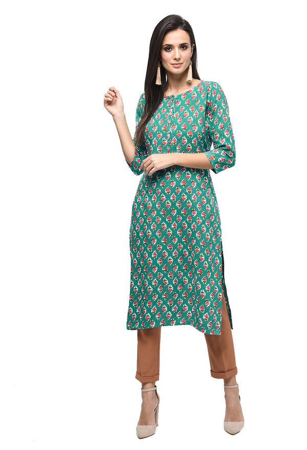 Women's Green Rayon Printed Regular Sleeves Round Neck Casual Kurta Only - Myshka