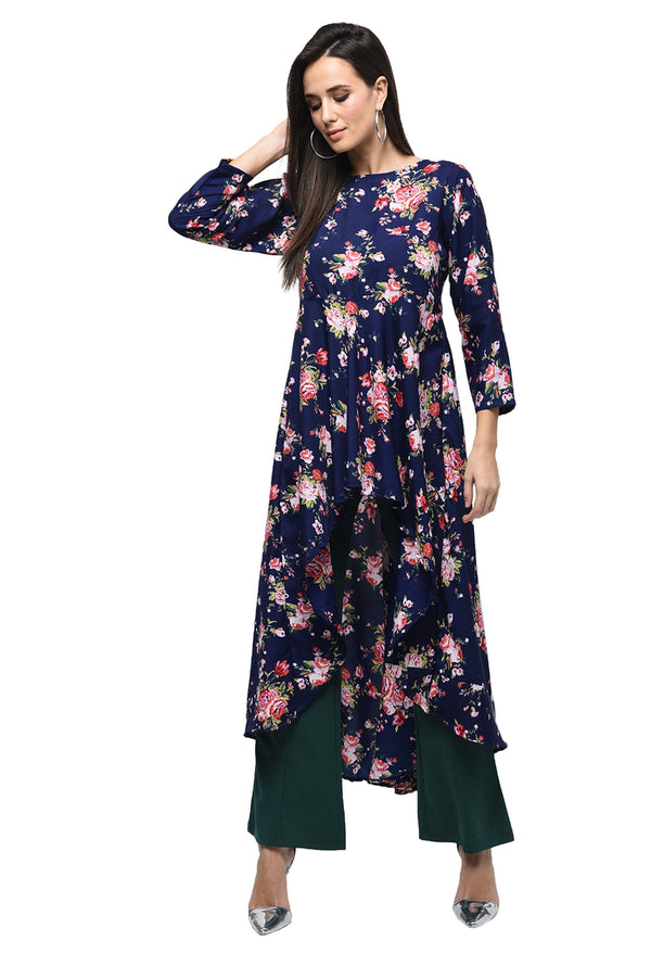 Women's Dark Blue Polyester Printed Regular Sleeves Round Neck Casual Kurta Only - Myshka