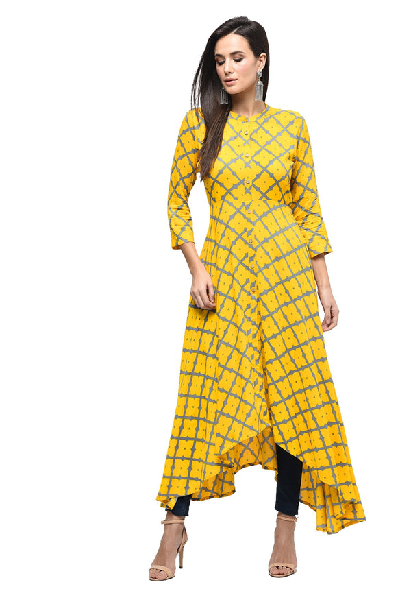 Women's Green Cotton Printed Regular Sleeves Collared Neck Casual Kurta Only - Myshka