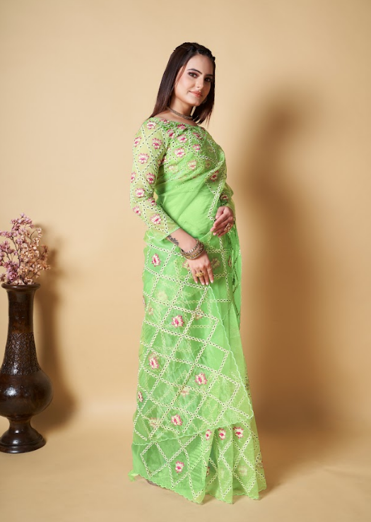 Women's Nimrat Green Organza Saree  - Vamsee