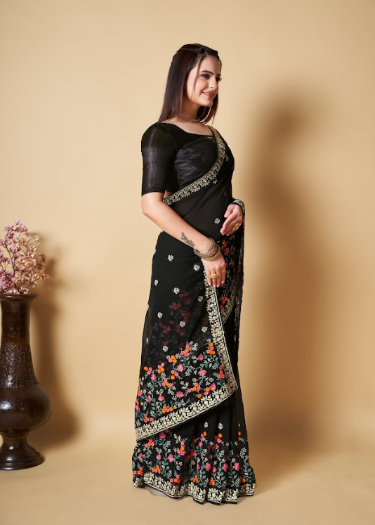 Women's Rati Black Georgette Saree  - Vamsee