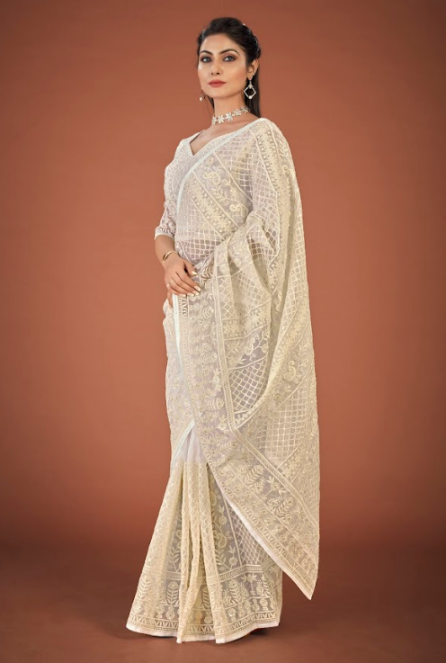 Women's Kashmira White Organza Saree  - Vamsee