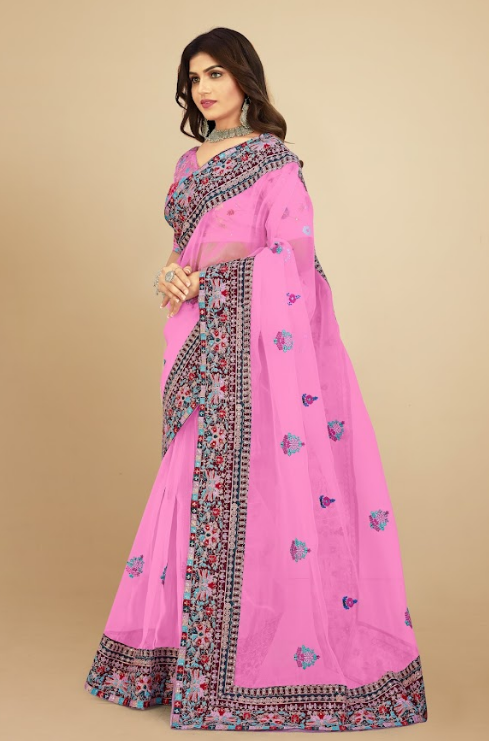 Women's Ranisha Pink Organza Saree  - Vamsee