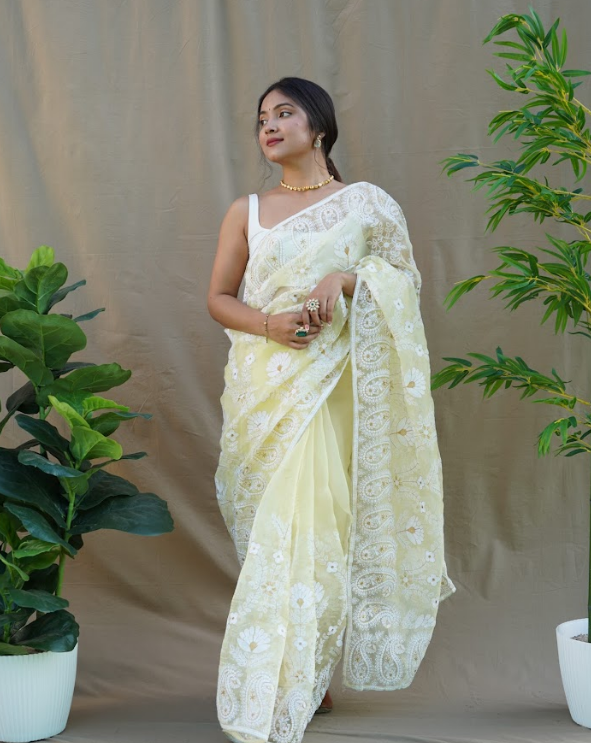 Women's Amisha Yellow Organza Saree  - Vamsee