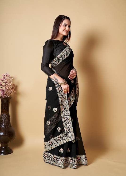 Women's Rati-2 Black Georgette Saree  - Vamsee