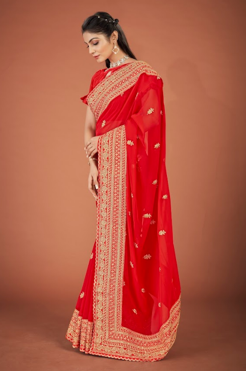 Women's Ridhima Red Georgette Saree  - Vamsee