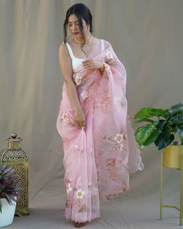 Women's Menka Peach Organza Saree  - Vamsee