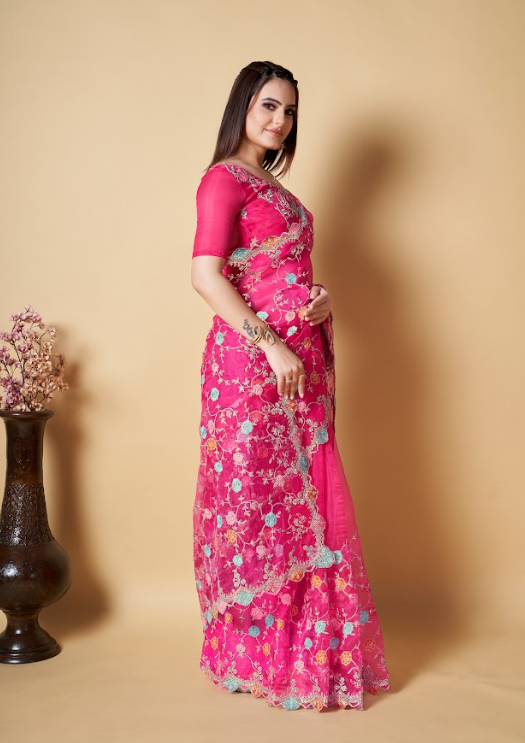 Women's Ucchal Pink Organza Saree  - Vamsee