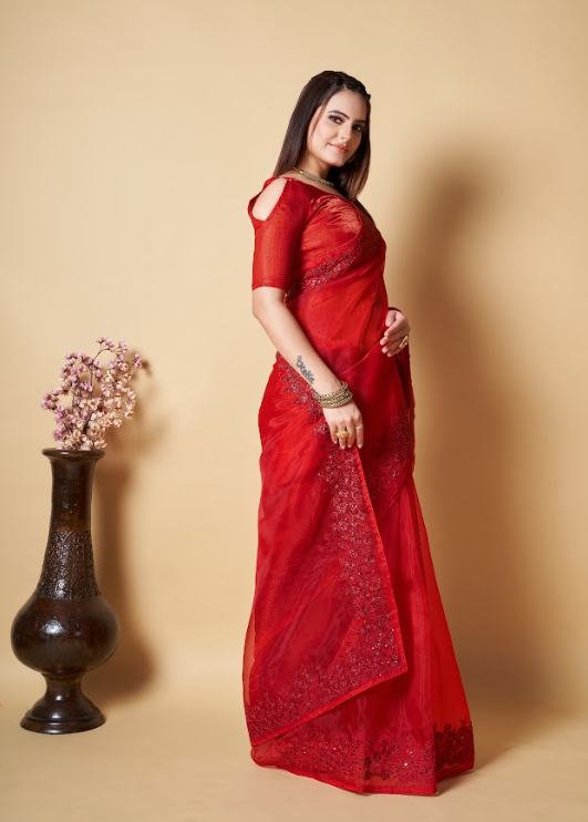 Women's Jhanvi Red Organza Saree  - Vamsee