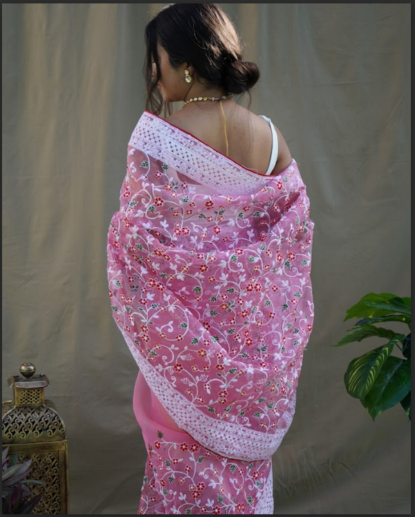 Women's Sombi Box Pink Organza Saree  - Vamsee