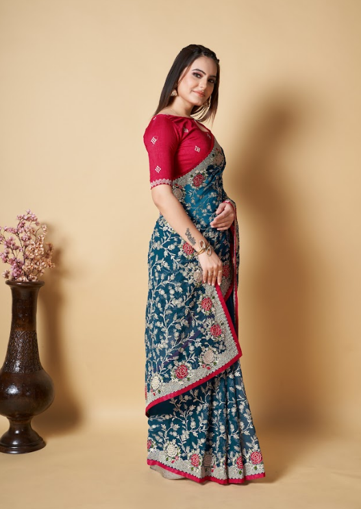 Women's Vamakshi Blue Georgette Saree  - Vamsee