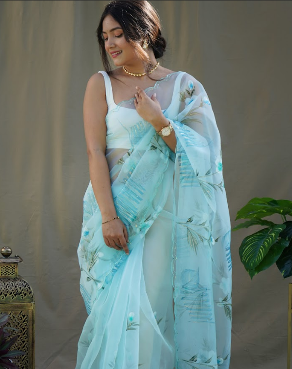 Women's Menka Blue Organza Saree  - Vamsee