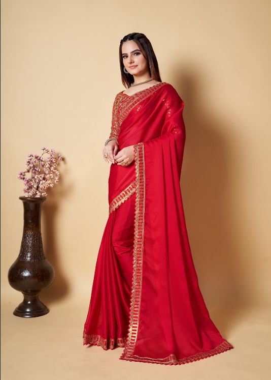 Women's Moni Lace Red Satin Saree  - Vamsee