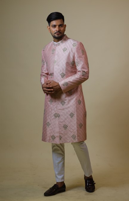 Men's Light Coral Embroidered Designer Sherwani - Hilo Design