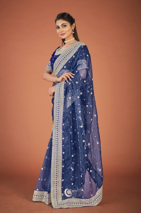 Women's Chandani Blue Organza Saree  - Vamsee