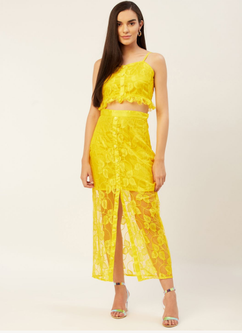 Women's Yellow Net Skirt With Top - Khumaar-Shuchi Bhutani