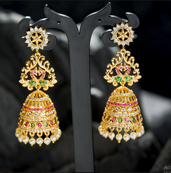 Women's Gold Plated Contemporary Stone Long Jumki Earrings - Alankara