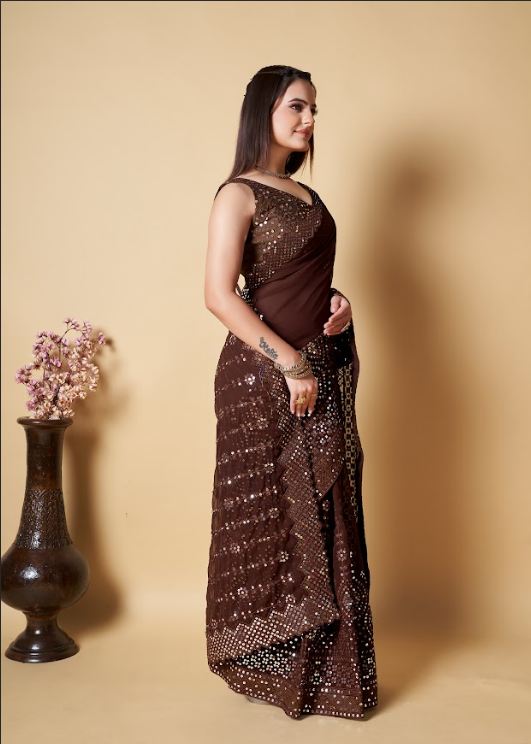 Women's Vaani Brown Georgette Saree  - Vamsee