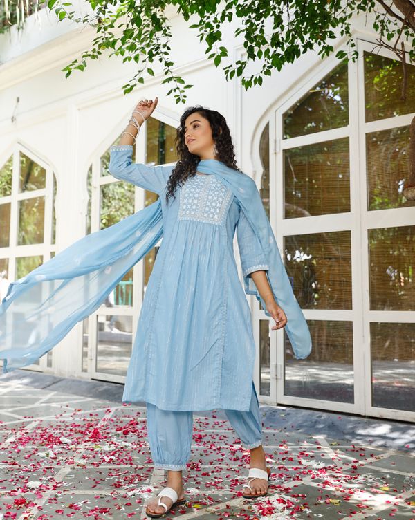 Women's Light Blue Cotton Embroidered Straight Salwar Suit Set - Pheeta