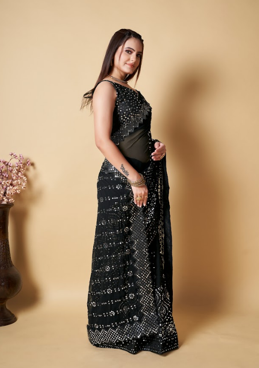 Women's Vaani Black Georgette Saree  - Vamsee