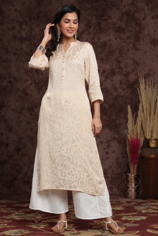 Women's Ivory Rayon Jacquard Straight Kurta - Juniper