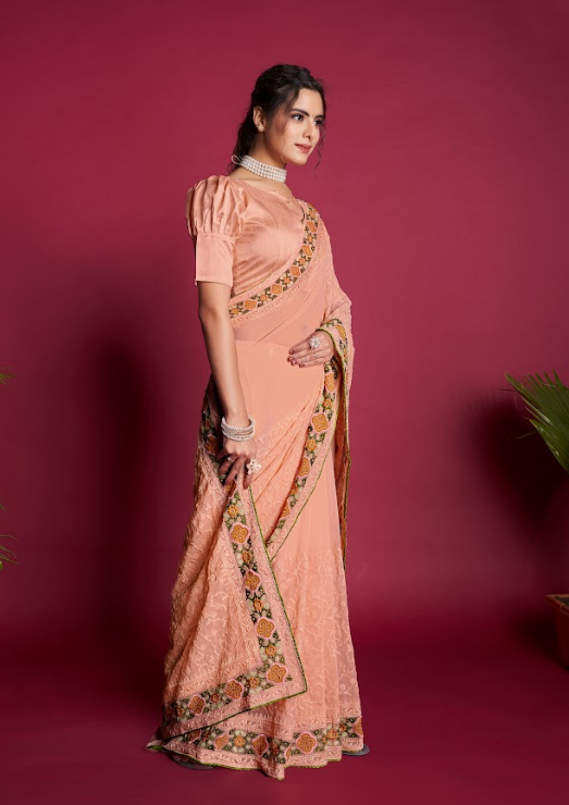 Women's Rasmalai Peach Georgette Saree  - Vamsee