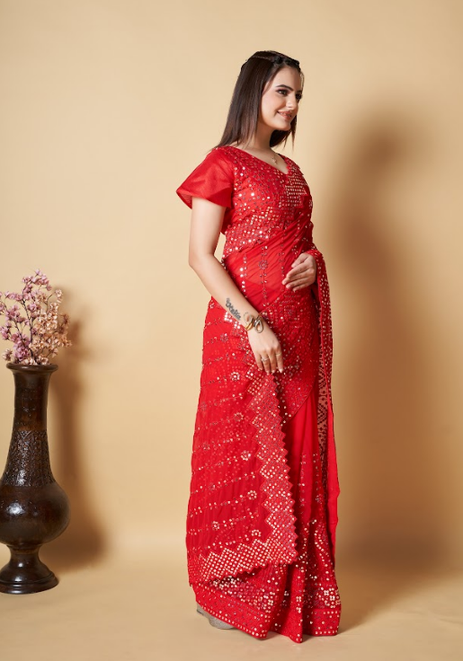 Women's Vaani Red Georgette Saree  - Vamsee