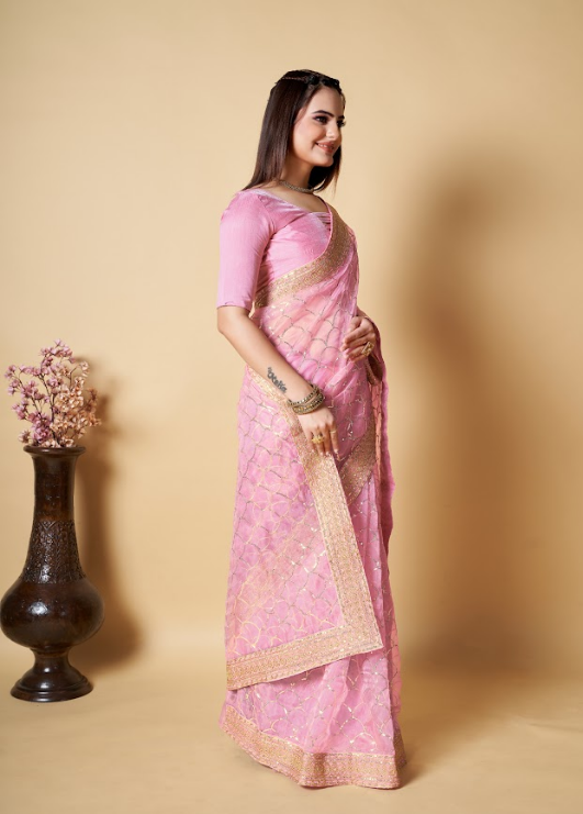 Women's Nirja Pink Organza Saree  - Vamsee