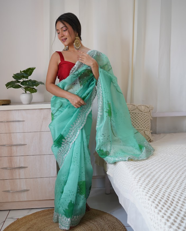 Women's Shirovastra Work Green Organza Saree  - Vamsee