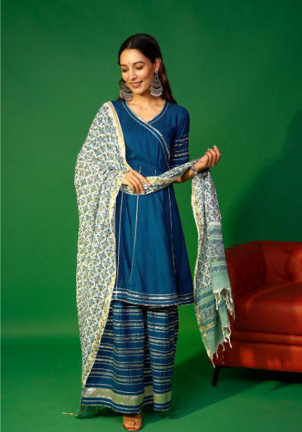 Women's Prussian Blue Angarakha Kurta Plazzo With Floral Dupatta Set - Pheeta