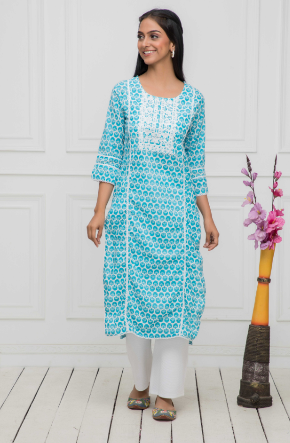 Women's Blue Solid Cotton Straight Round Neck Kurtas - Myshka