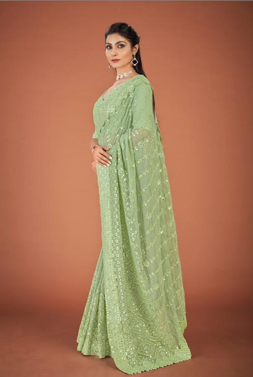 Women's Vaani Green Georgette Saree  - Vamsee