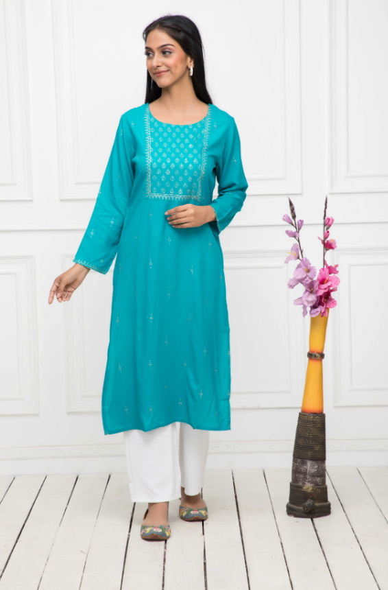 Women's Blue Solid Rayon Straight Round Neck Kurtas - Myshka