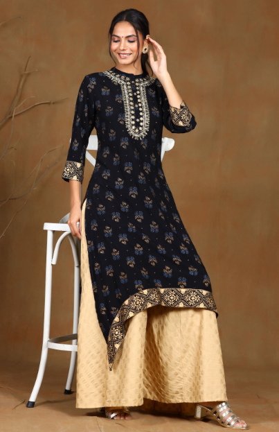 Women's Black Rayon Dobby Asymmetric Kurta - Juniper