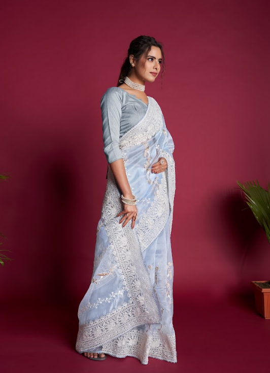 Women's Arpita Blue Organza Saree  - Vamsee