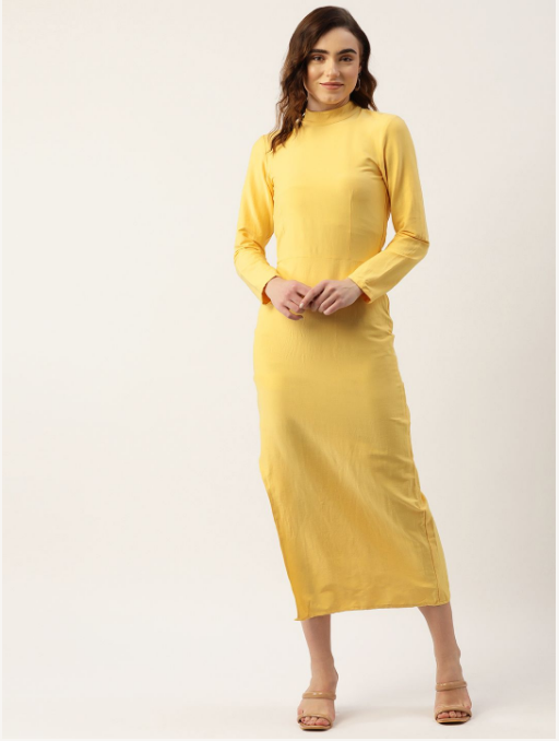 Women's Yellow Lycra Slit Dress - Khumaar-Shuchi Bhutani