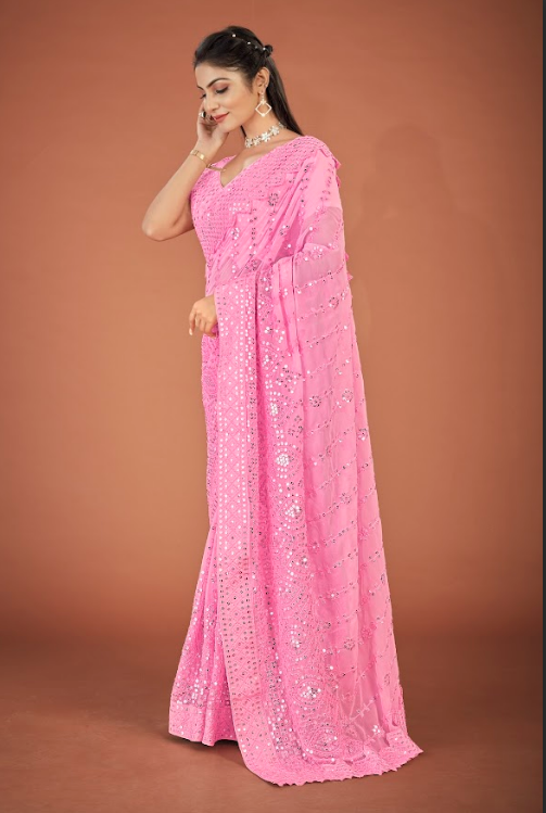 Women's Vaani Pink Georgette Saree  - Vamsee