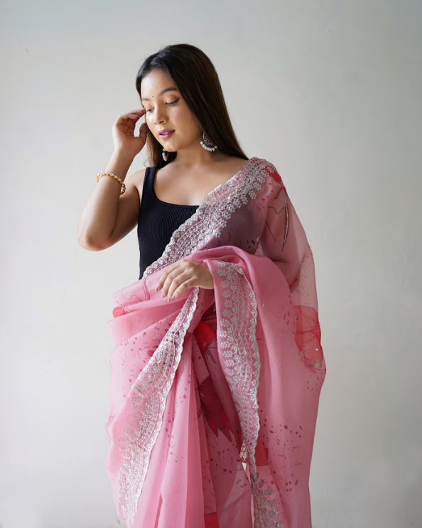 Women's Shirovastra Work Pink Organza Saree  - Vamsee