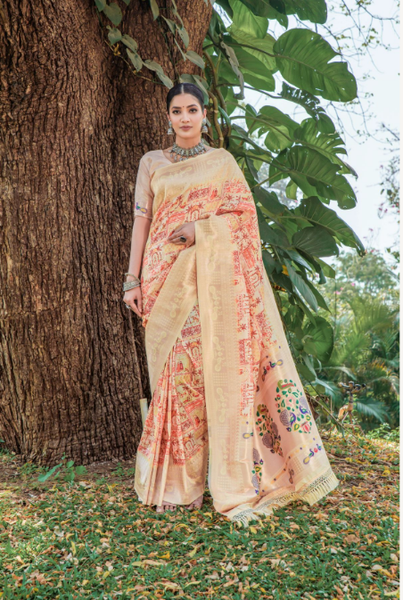 Women's Yellow Printed Woven cotton organza Saree with Tassels - Vishnu Weaves