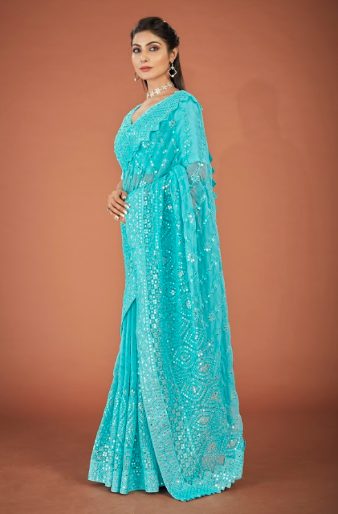 Women's Vaani Blue Georgette Saree  - Vamsee