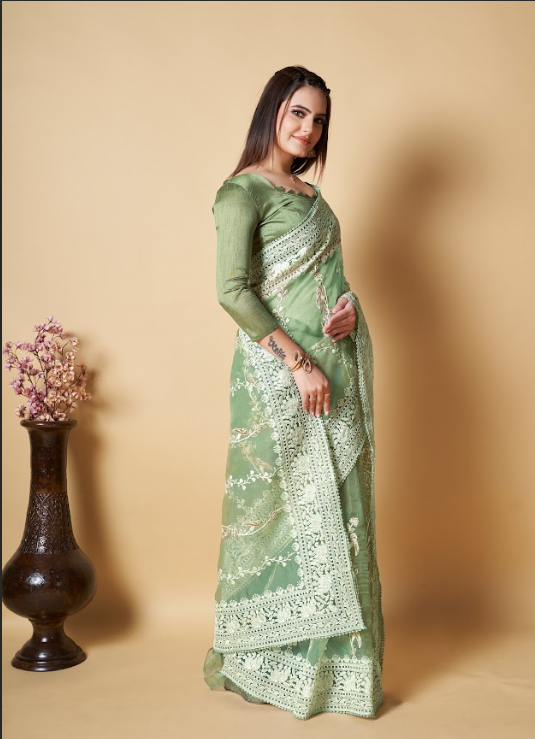 Women's Arpita Green Organza Saree  - Vamsee