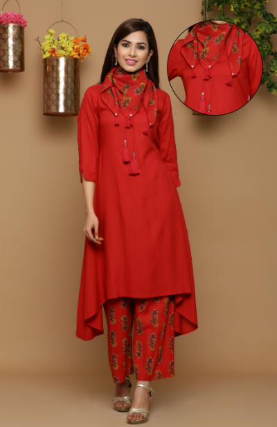 Women's Red Rayon Slub Solid Kurta With Printed Scarf - Juniper