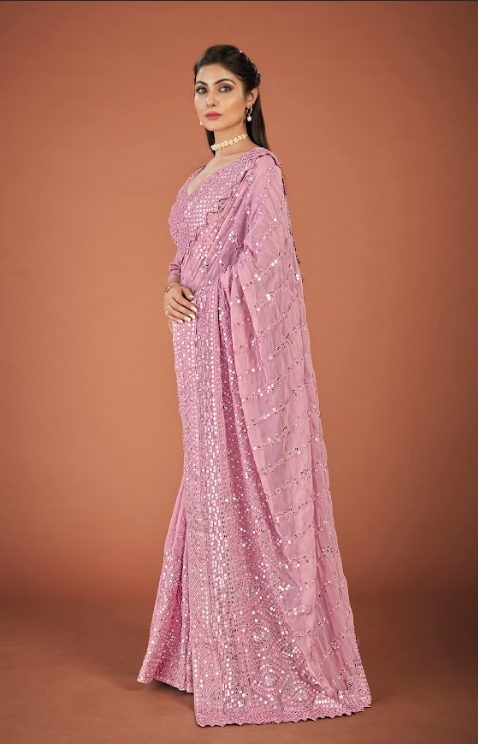 Women's Vaani Pink Georgette Saree  - Vamsee