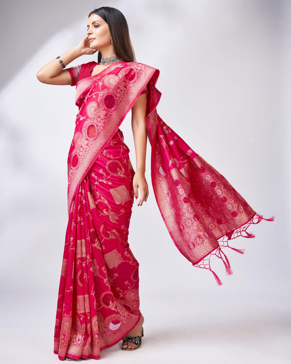 Women's Woven Saree With Blouse Set-Pink - Sweet Smile