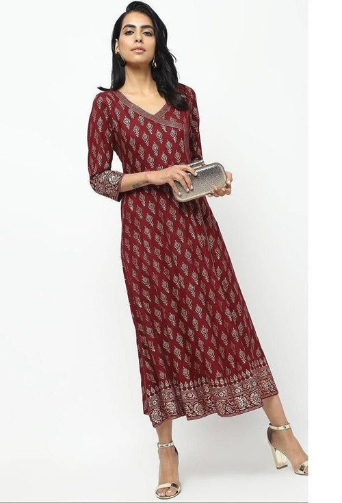 Women's Maroon Angrakha All Over Butta Foil Printed Kurta With Beautiful Border Design - Cheera